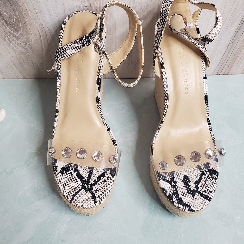 NEW Black White Snake Print Espadrille Wed… - Picture 10 of 10